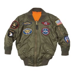Фото детской летной куртки с нашивками Boys MA-1 Flight Jacket with Patches, цвет оливковый