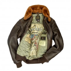 Фото летной кожаной куртки Cockpit U.S. Navy Lambskin G-1 Flight Jacket цвет 
коричневый, в развернутом виде