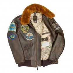 Картинка летной кожаной куртки Cockpit USA Top Gun Navy G-1, вид спереди, 
расстегнутая